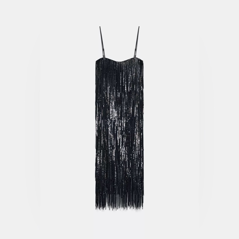 Zara Limited Edition SEQUIN FRINGE Black Midi DRESS sz.XS - Picture 7 of 15